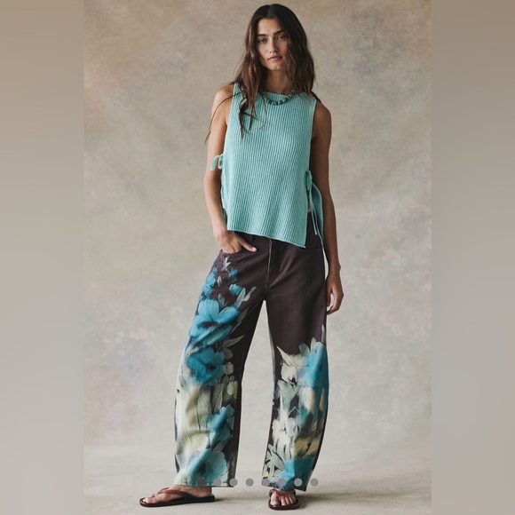 Free People Pants - NWT We The Free Free People Good Luck Barrel Brown Aquamarine Floral 33 short